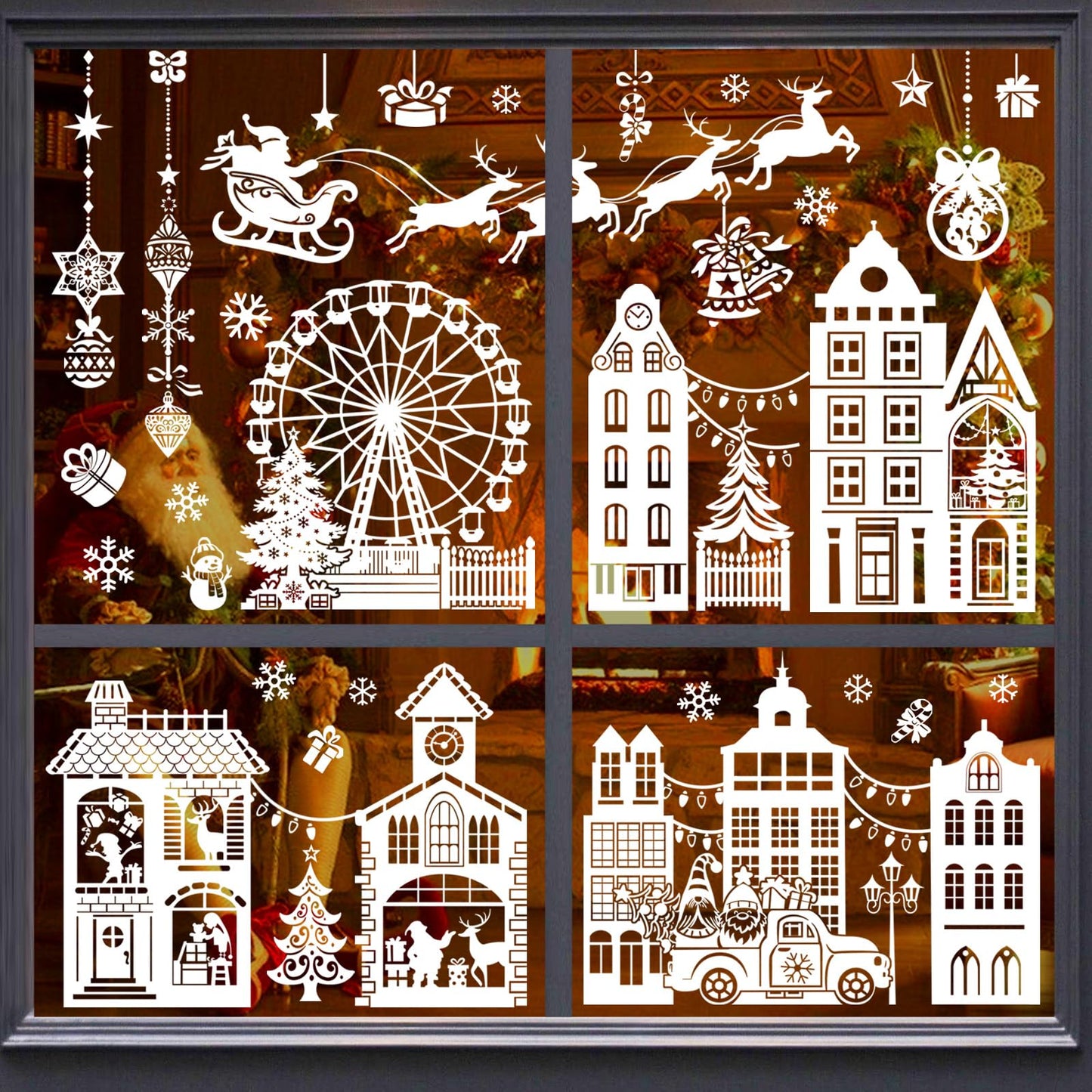 wondever White Christmas Town Window Clings Winter House Street Scene Glass Sticker Decal Anti Collision Double-Side Static Window Stickers for Glass Christmas Party