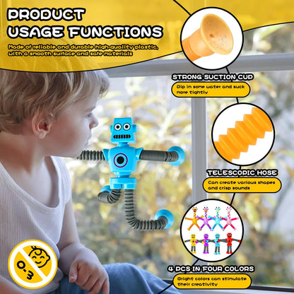 Robot Sensory Travel Toys 4Pcs for Toddlers Kid Boy Year Old Ages 3 4 5 6 7 8 9, Airplane Activities Suction Autism Pop Tube Fidget Toys Autistic Stocking Easter Basket Stuffer Valentine Gift for Kids