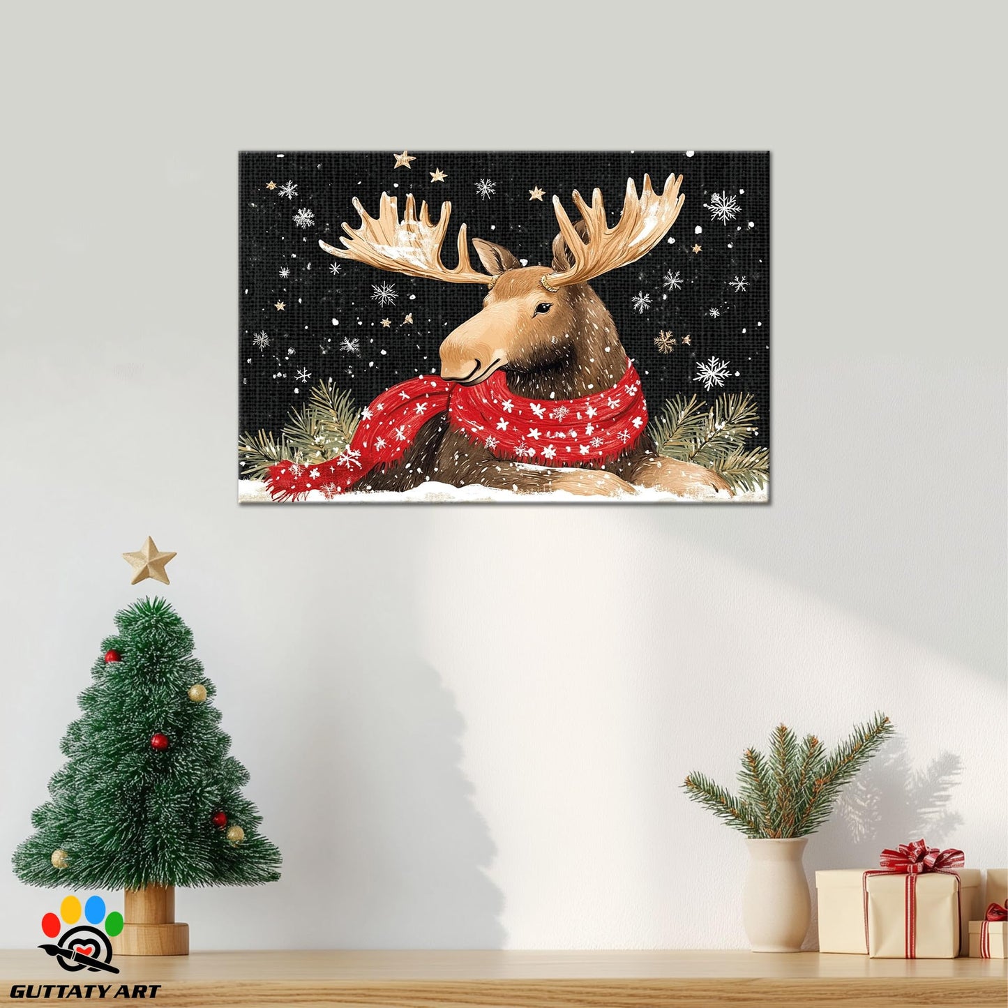 GUTTATY Christmas Canvas Wall Decor, Elk with Red Scarf Christmas Wall Art, Winter Scene Christmas Pictures Wall Decor, Snowy Christmas Posters Framed for Living Room, Bedroom, Office 18x24 Inch