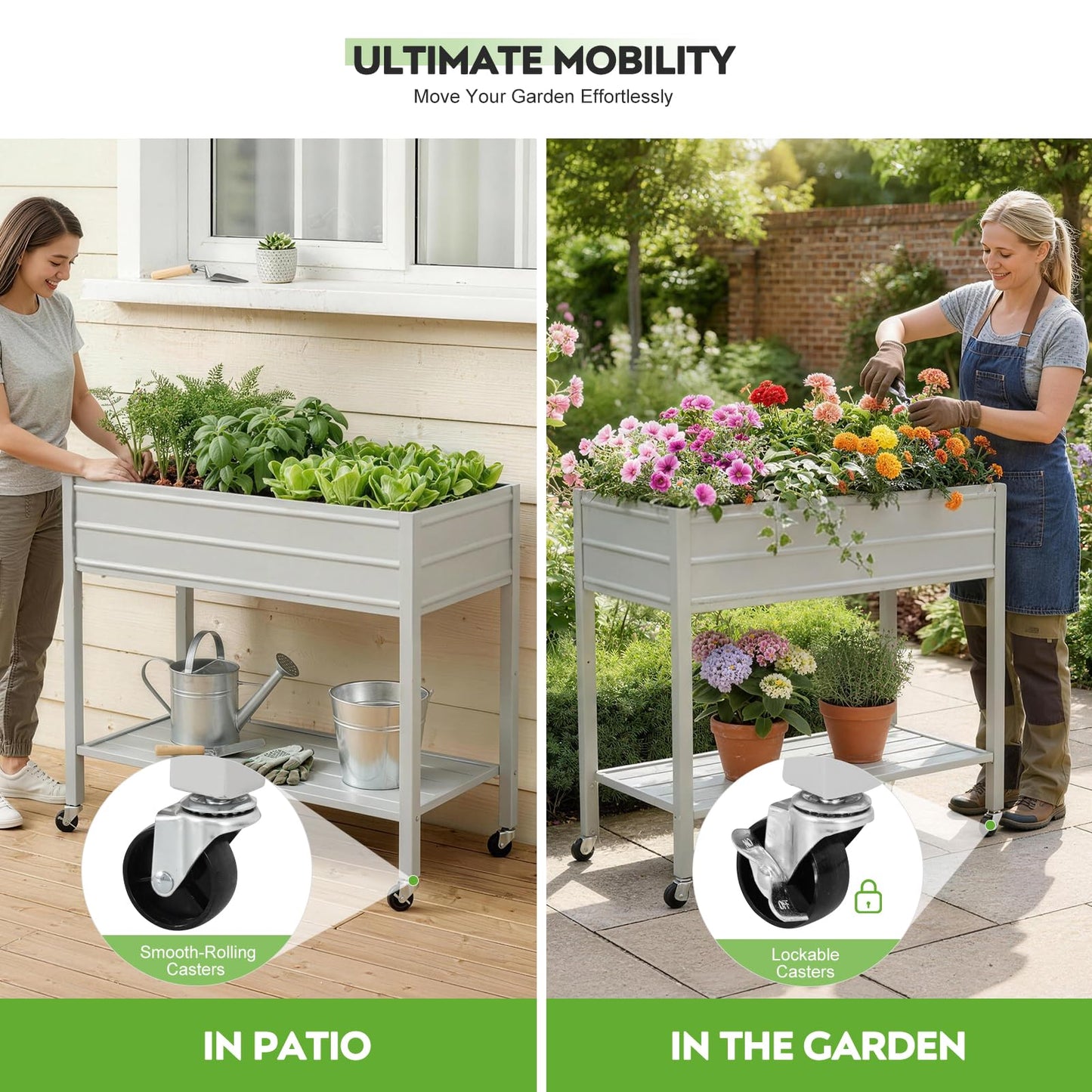 ZORMY 32" Tall Galvanized Raised Garden Bed with Legs Wheels & Shelf, Elevated Planter Box Outdoor for Vegetables, Herbs & Flowers, Patio & Backyard, Garden Bed with 400lb Capacity，Grey