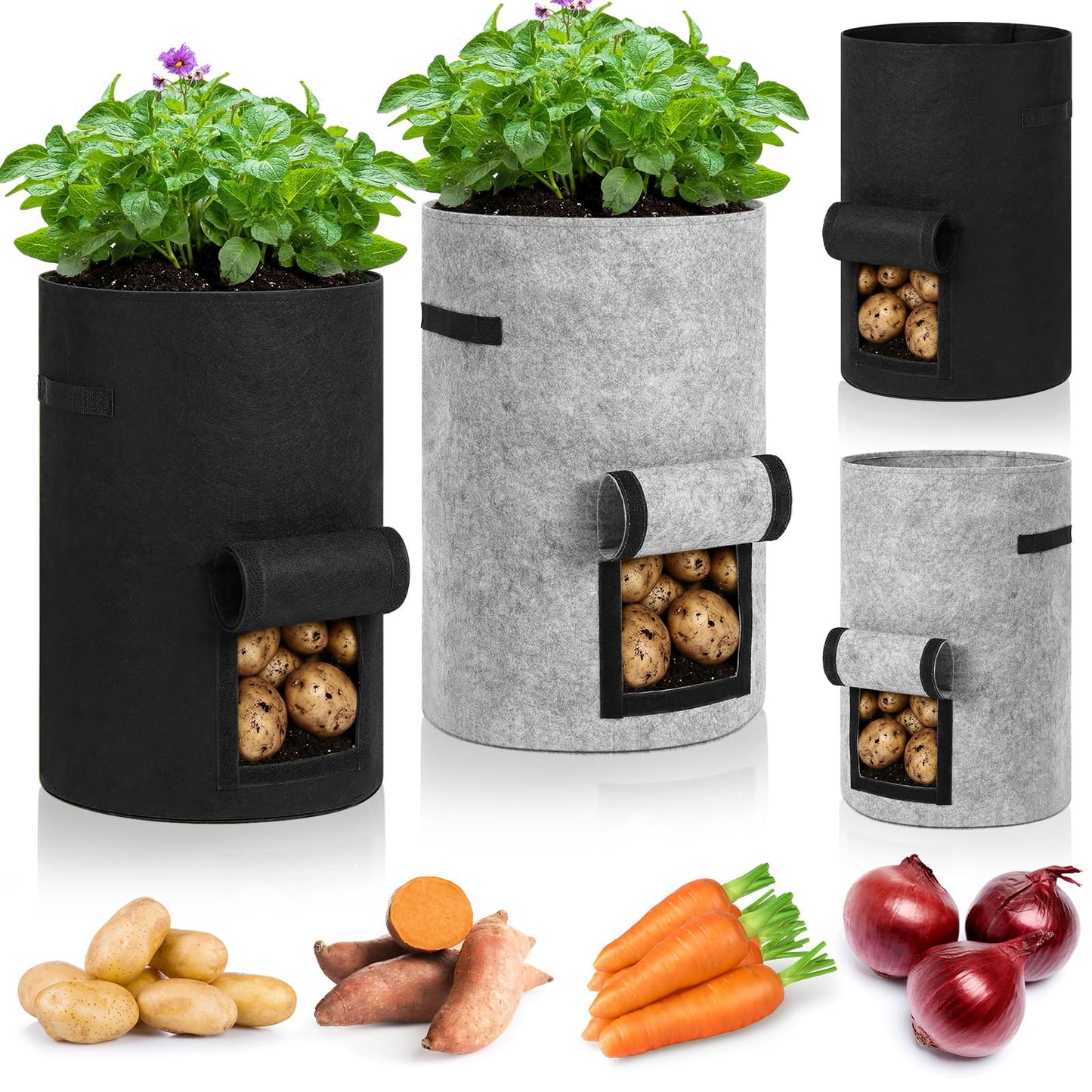 Yoojahow 4 Pack 30 Gallon Potato Grow Bags with Harvest Window, Durable Garden Planter Bags with Handles for Potatoes, Tomatoes, and Vegetables - Indoor & Outdoor Gardening Supplies (Black,Gray)