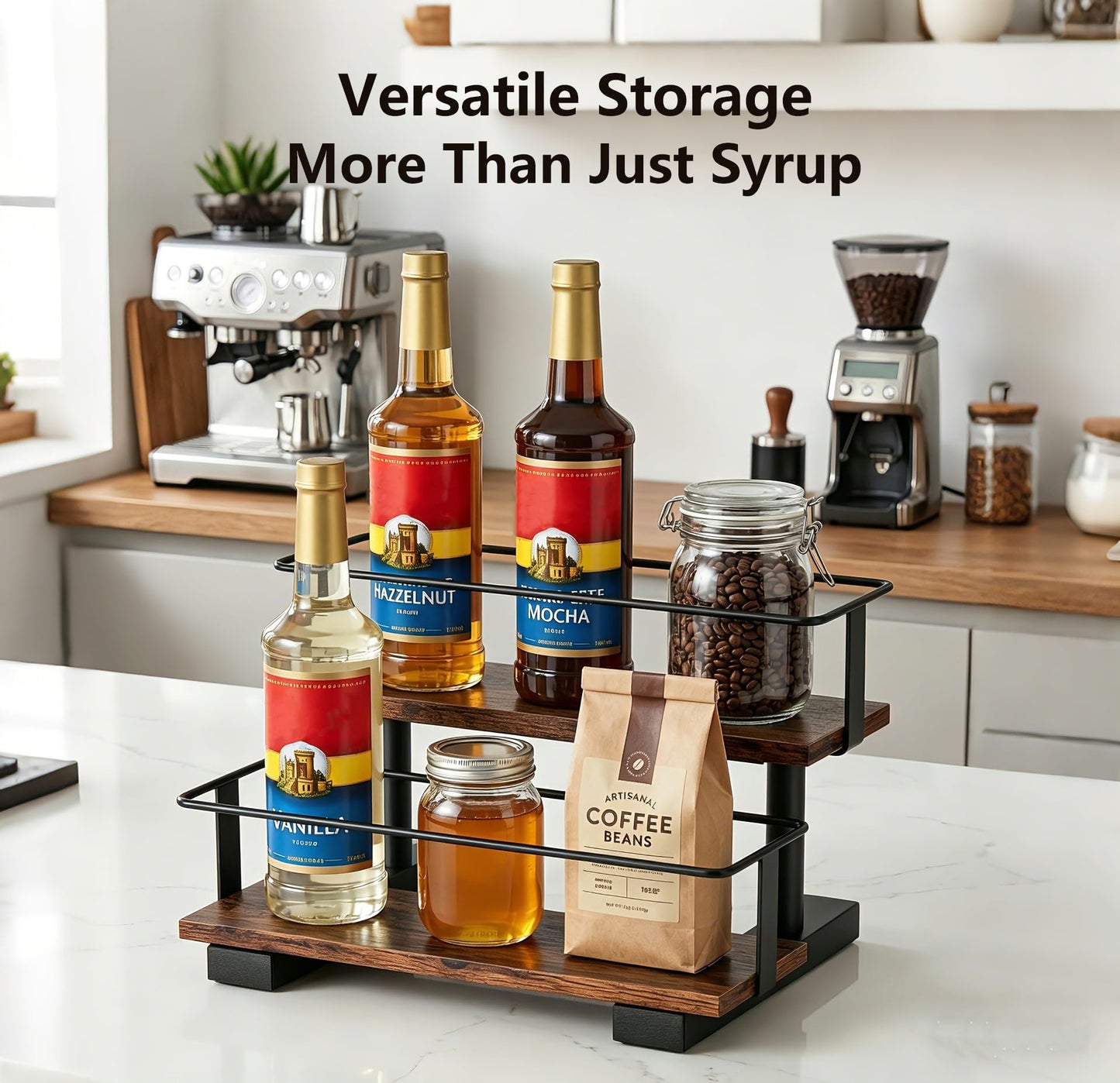 Wolera 2-Tier Coffee Syrup Organizer Rack – Holds 6 Syrup Bottles, Space-Saving Countertop Display Shelf for Coffee Bar, Liquor, Spice Jars & Essential Oil Bottles, Rustic Wood & Metal Stepped Shelf
