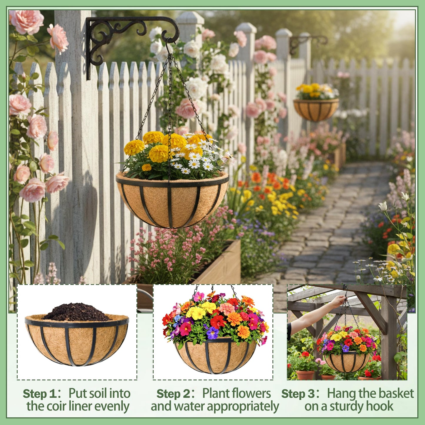 KIDYBELL 4 Pack 14 Inch Round Hanging Basket with Coco Liners， Metal Hanging Baskets for Plants Outdoor， Hanging Planter with Chain Garden Products for Outdoor, Porch, Lawn, Garden