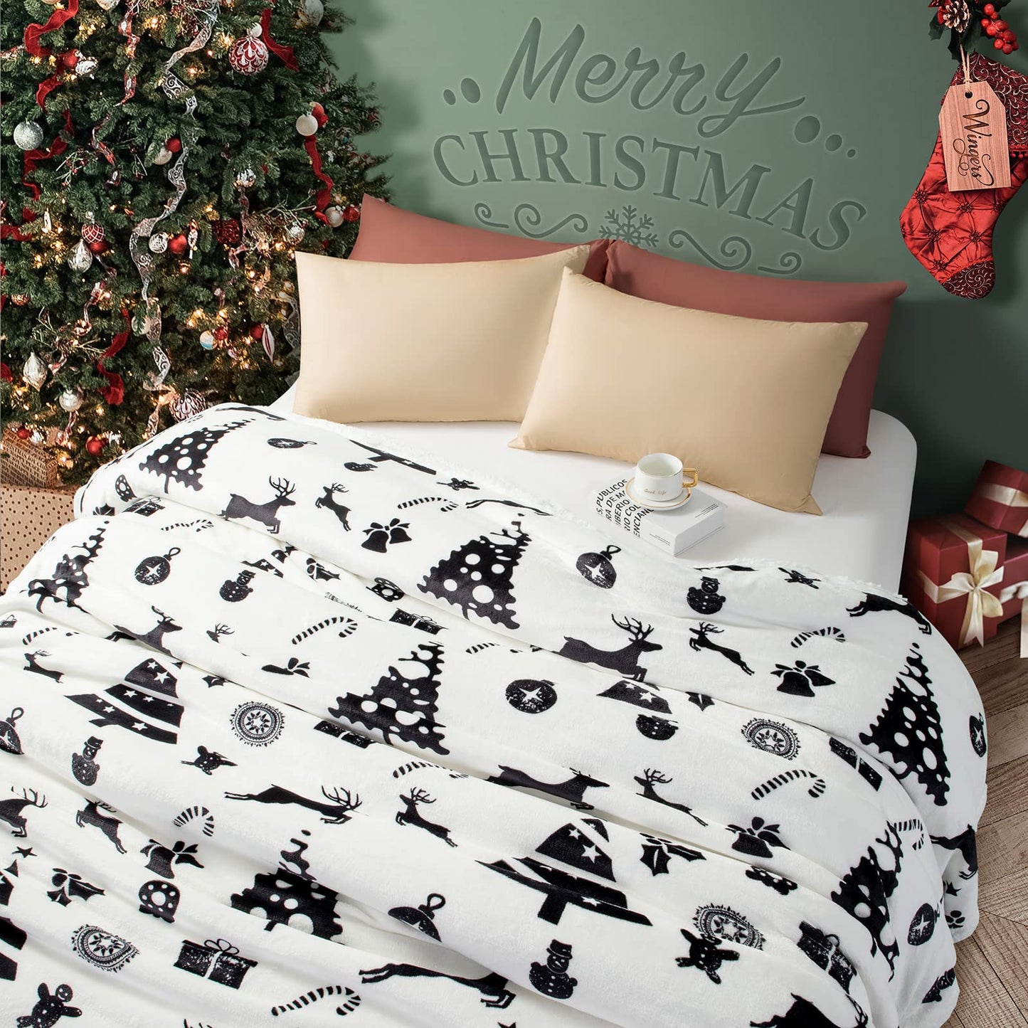 LBRO2M Sherpa Fleece Bed Blanket Queen Size,Christmas Super Soft Fuzzy Plush Warm Cozy Fluffy Microfiber Couch Throw Velvet Double Reversible Luxurious Blankets