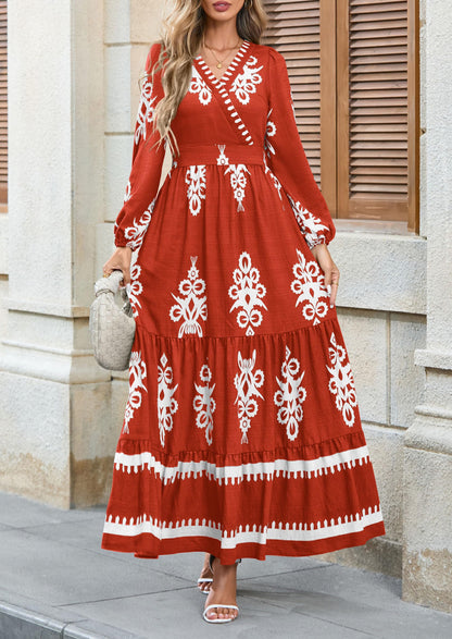 PRETTYGARDEN Women's 2025 Fall Wedding Guest Dresses Boho Floral Long Sleeve V Neck Flowy Elegant Maxi Dress Beach Clothes