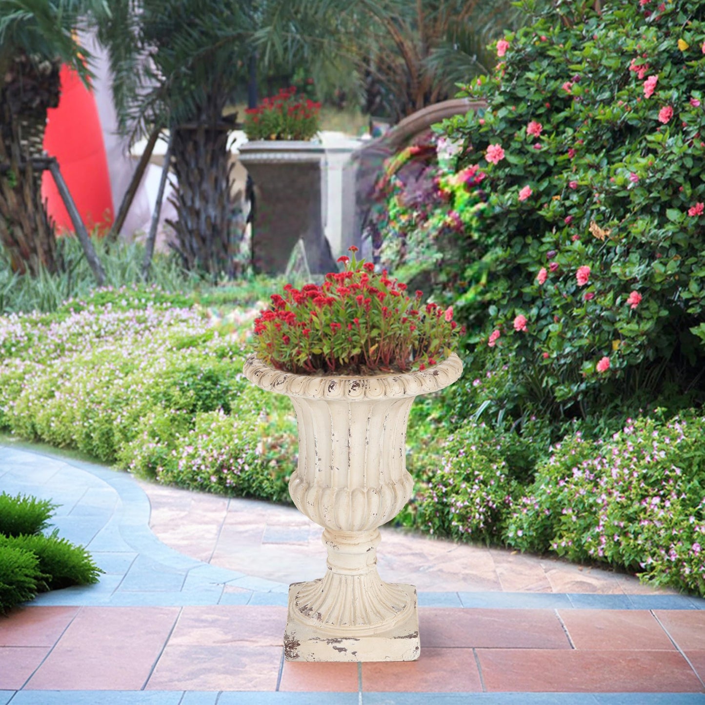 PETALORE Antique White Urn Planter 19.25" H, Pedestal Planters for Outdoor Plants, Hand-Painted Tall Urn Flower Pot, Durable Magnesium Oxide Decorative Garden Planter for Porch and Patio