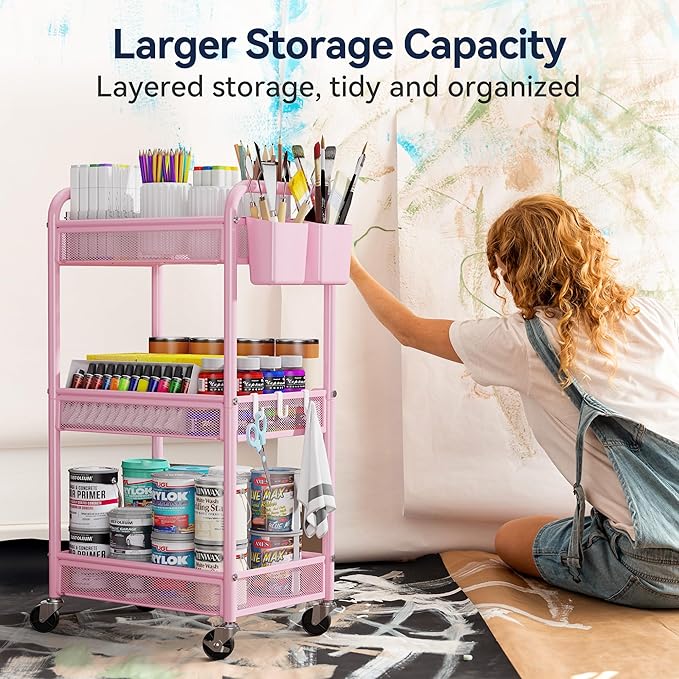 YASONIC 3 Tier Rolling Cart – Metal Utility Storage Cart