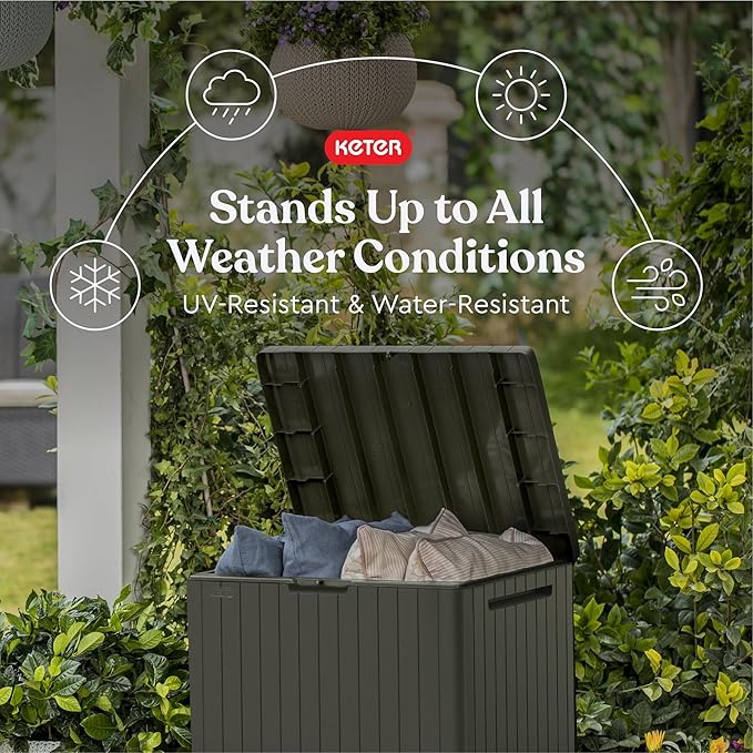 Keter City 30 Gallon Resin Outdoor Storage Box & Patio Side Table for Balcony, Pool, Deck & Garden Accessories, Weather‑Resistant, Mossy Brown