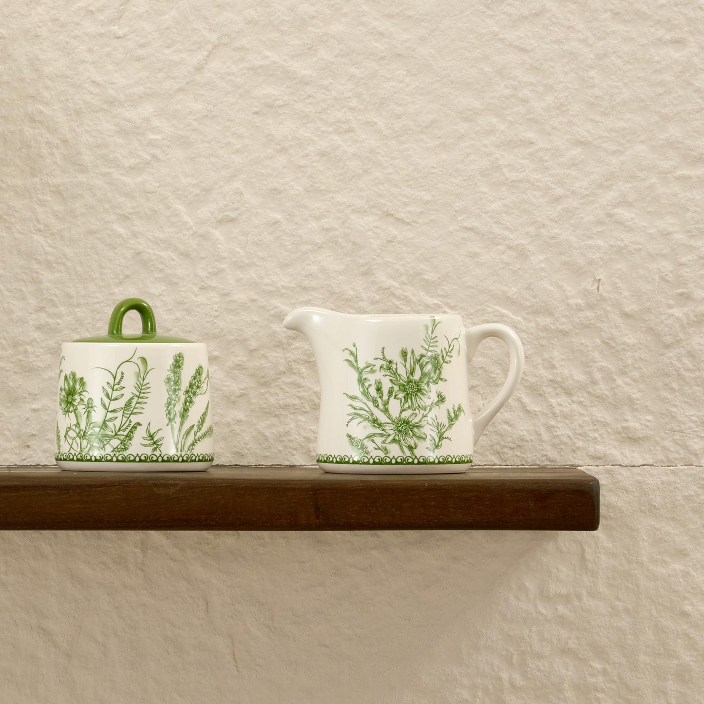 Bico Green Garden Toile De Jouy Ceramic Sugar and Creamer Set, Sugar Bowl with Lid, Cute Container for Coffee Bar, Kitchen Countertop Accessories, Microwave and Dishwasher Safe