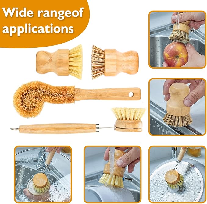 Bamboo Dish Brushes Sets 4 Tools in One Kitchen Clean Dish Scrubber