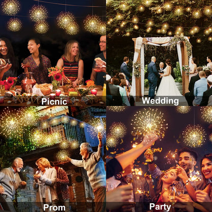 DenicMic Firework Starburst Lights 3200K Warm White 8 Mode LED Battery Operated Chandelier Star Lights with Remote, Hanging Decorations Indoor Outdoor