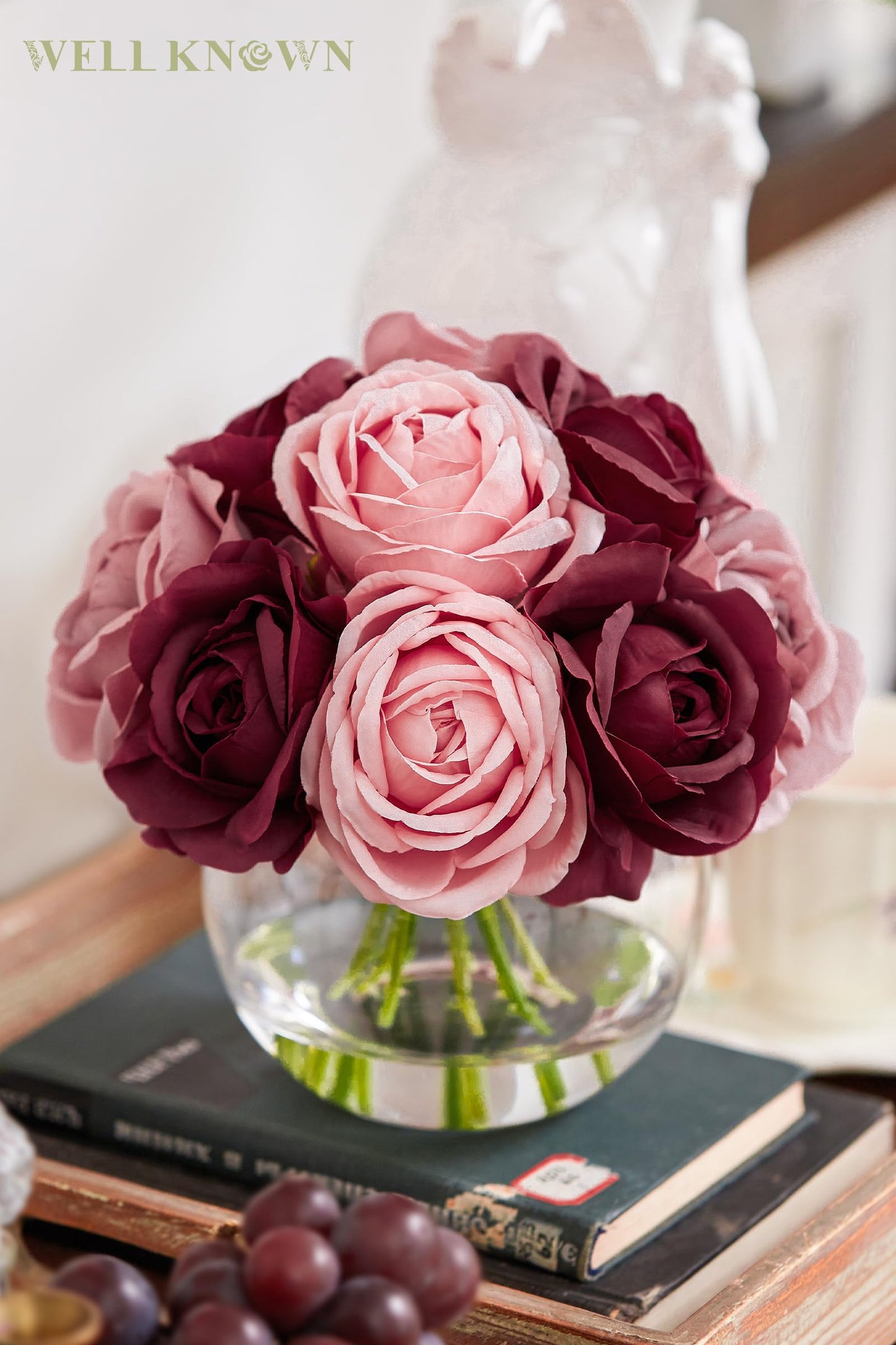 WELL KNOWN Silk Rose Artificial Flowers with Vase, Artificial Rose Flower Arrangement in Round Glass Vase with Faux Water for Home Dining Table Wedding Birthday Party Decor (Burgundy Red & Dusty Rose)