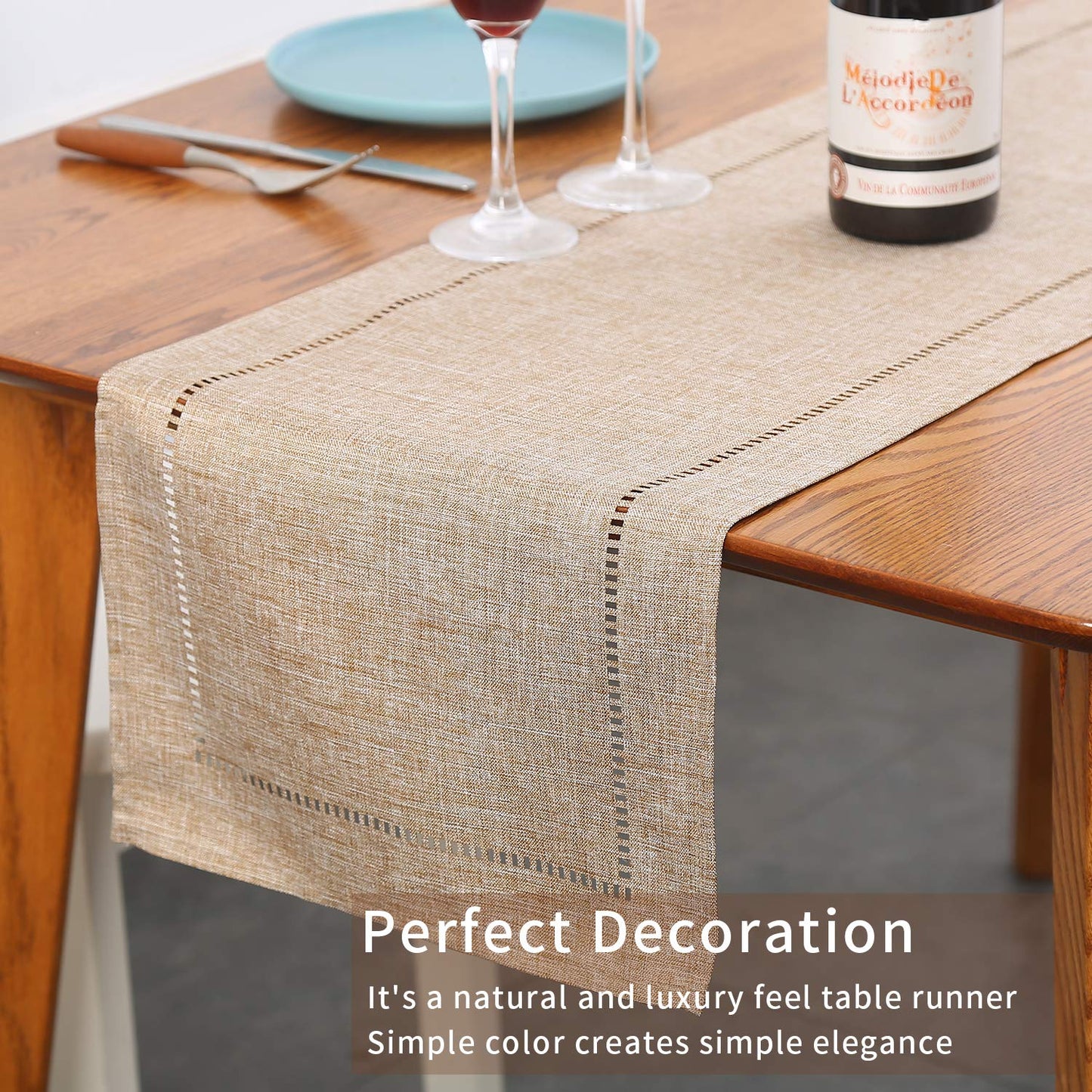 Tosewever Decorative Linen Table Runner Farmhouse Style Tabletop Collection 14 x 108 Inches Table Runners for Everyday Dining Wedding Party Holiday Home Decor (14" x 108", Light Coffee/Straight)