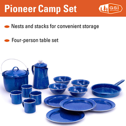 GSI Outdoors Camp Dinnerware Set I 4-Person Set Includes Pioneer Enamel Percolator, Frypan, Kettle, Bowls, Plates & Coffee Mugs