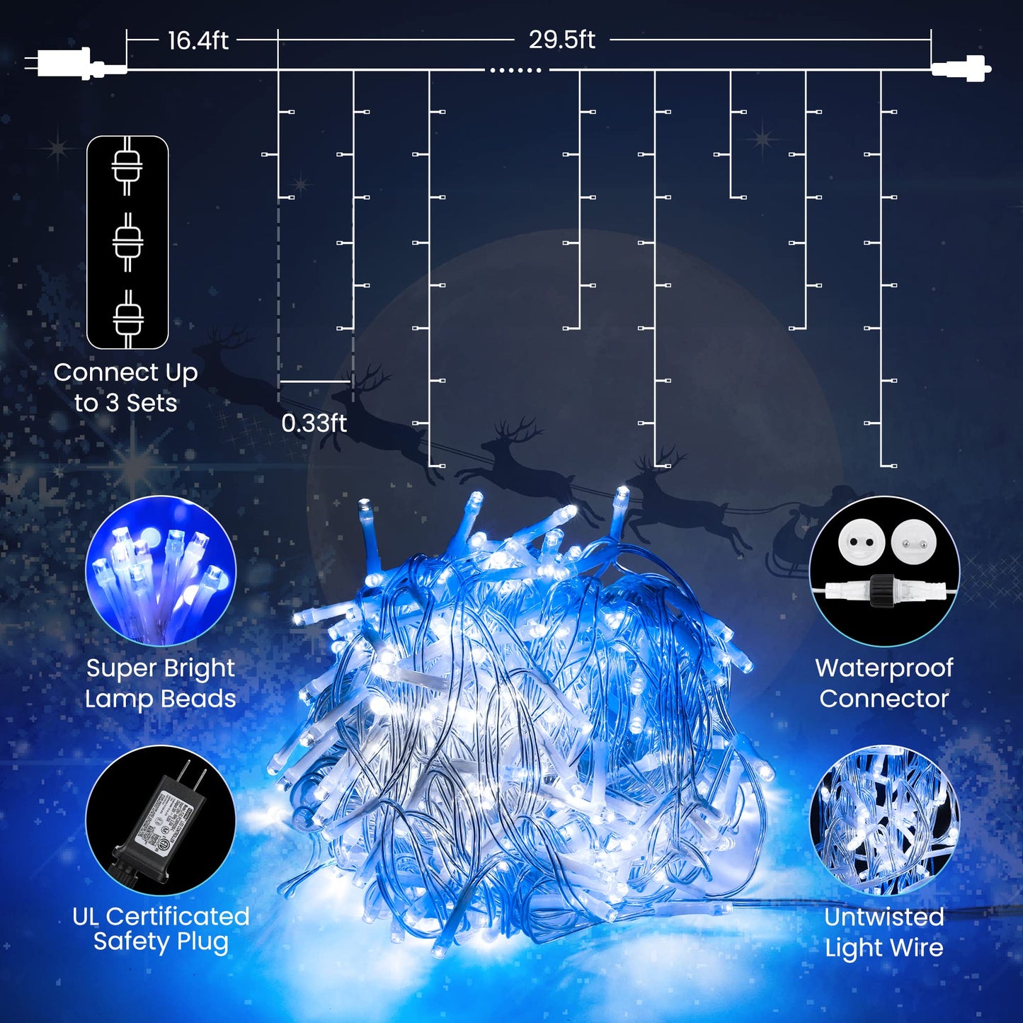 Toodour White & Blue Christmas Icicle Lights, 29.5ft 360 LED Icicle Lights, 8 Modes, 60 Drops, Window Curtain Led Christmas Light, Icicle Twinkle Light for Eaves, Party, Wedding, Xmas Decorations