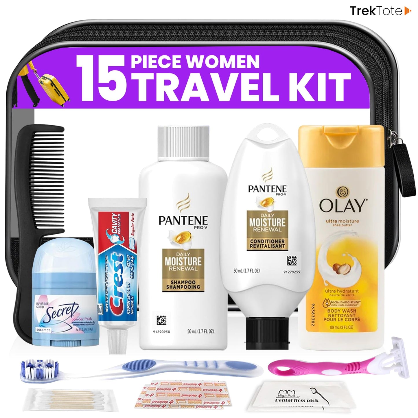 Trektote Travel Toiletry Kit For Women – 15 Piece Set of Travel Size Toiletries, TSA Compliant, Travel Essentials, Includes Shampoo And Conditioner, Body Wash, Toiletry Bag & More