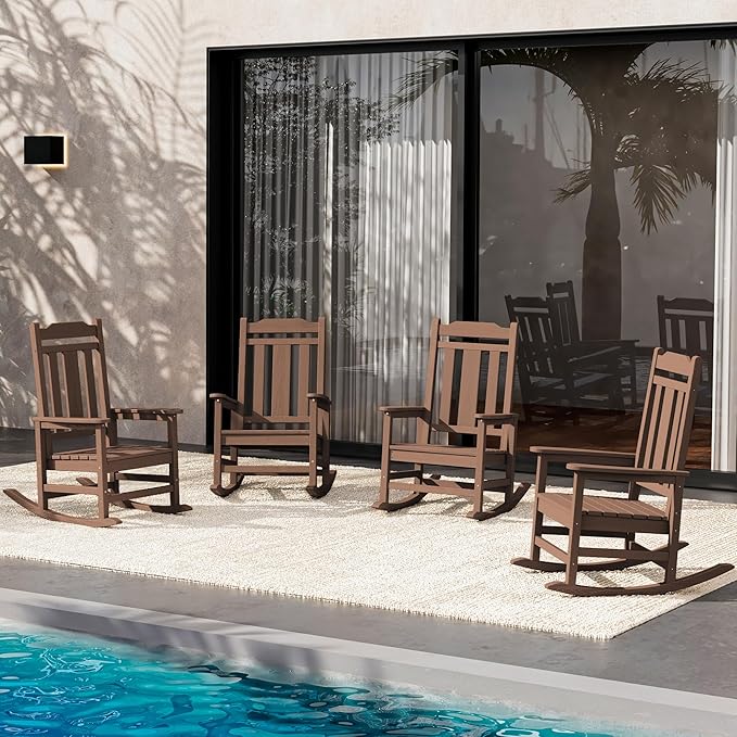 SERWALL Oversized Rocking Chair Set of 4 Outdoor, HDPE Outdoor Rocking Chair Set of 4, Coffee