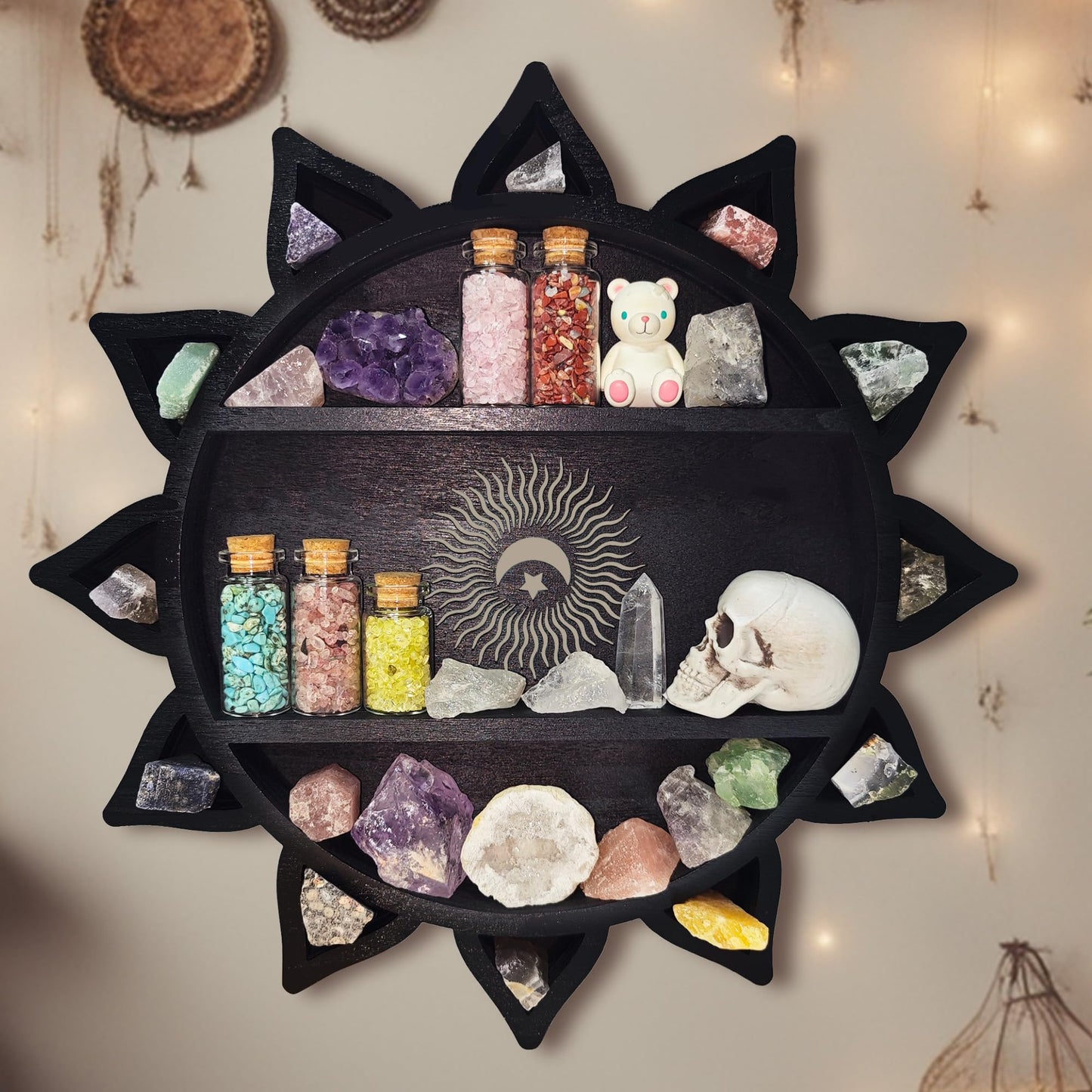 FNYDOX Crystal Shelf Display for Wall, Crystal Display Shelf Chakra Wooden Lotus Flower Crescent Moon Shelf Wall Decor, Decorative Home Floating Shelf Stone Storage Gem Holder Boho Hanging Organizer
