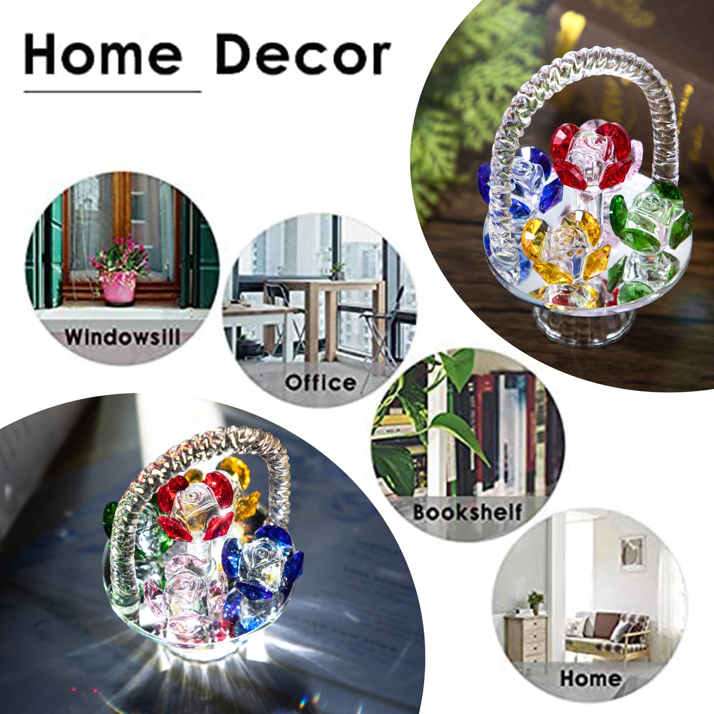 H&D HYALINE & DORA Colorful Crystal Flower Basket Figurine Ornament, Glass Flower with Rotating Base for Home Dress Table Centerpiece Christmas Lady Gift