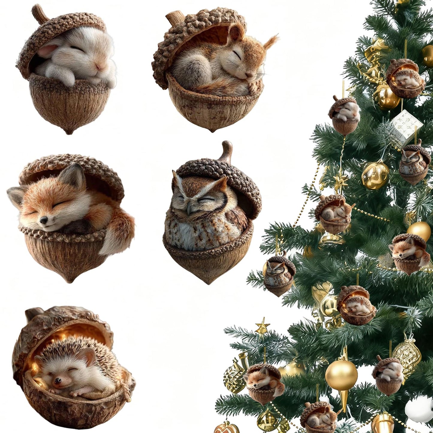 Christmas Tree Decoration,5Pcs Cute Animals Christmas Tree Acrylic Pendant, Fun Pinecone Xmas Hat Xmas Tree Accessories Christmas Pendants Hanging,Owl Rabbit Fox Christmas Ornament