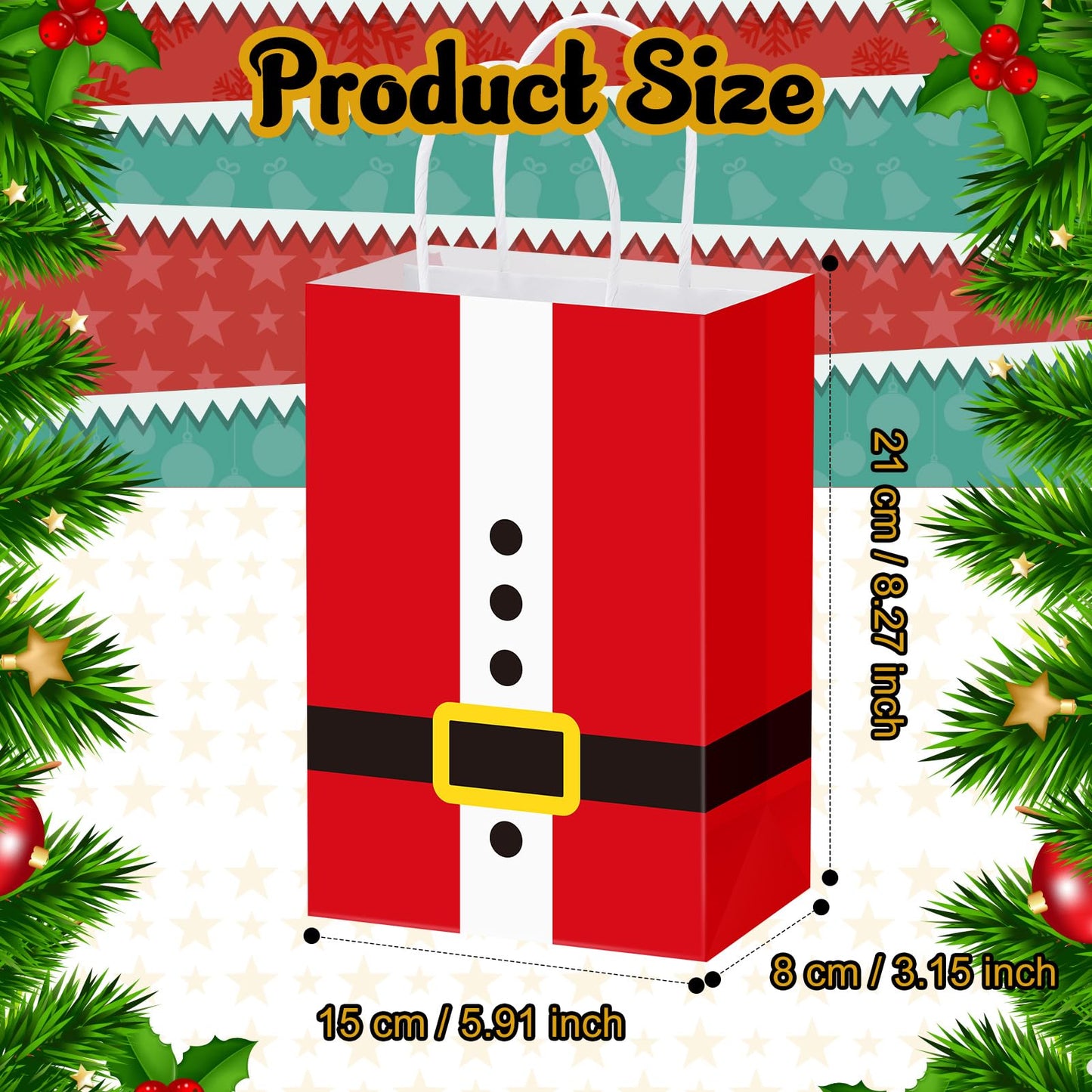 Geyoga 24 Pcs Large Christmas Paper Gift Bags Bulk Santa Claus Suit Print Bags with Handle Xmas Santa Goodie Treat Party Favor Pouches for Candy Gift Wrapping Party Supplies, 8.27 x 5.91 x 3.15 in
