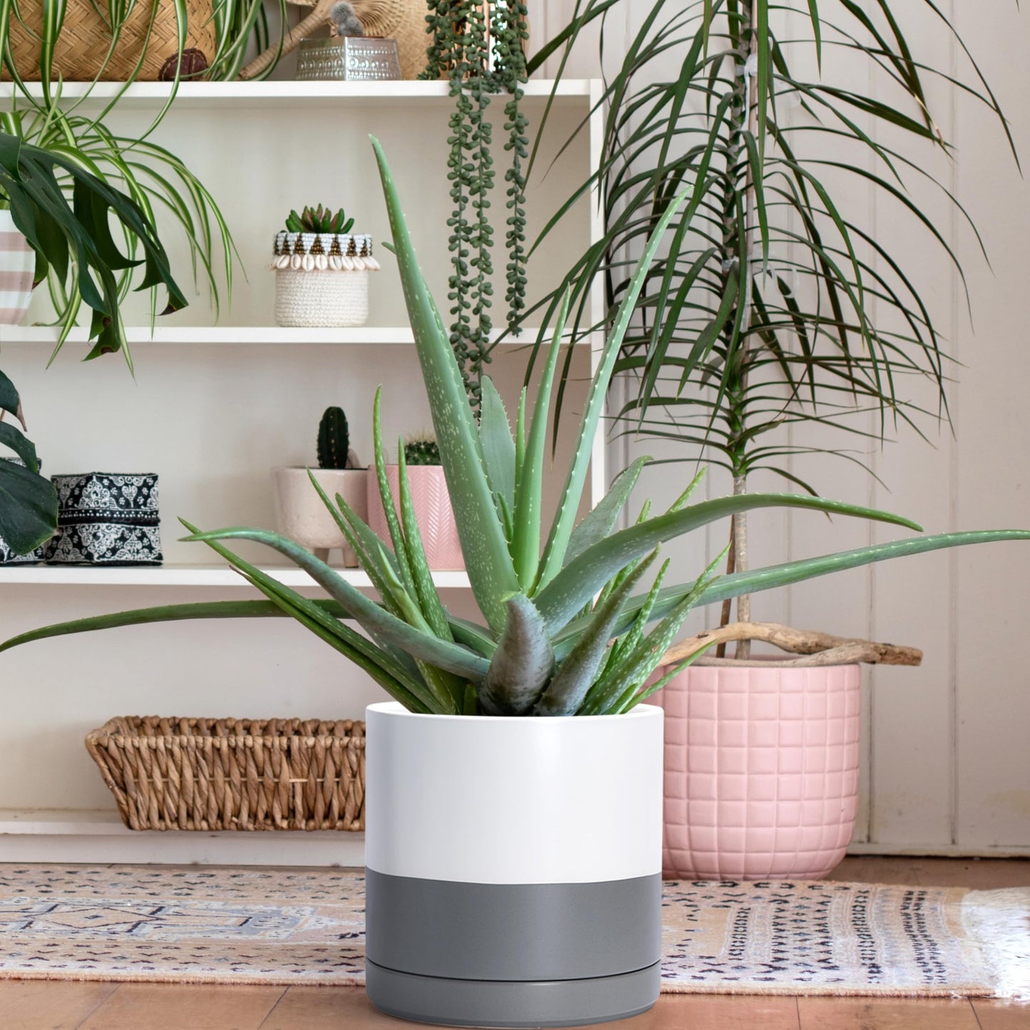 D'vine Dev 8.2 Inch & 10 Inch Ceramic Planter Pot for Plants with Drainage Hole and Saucer, Large Plant Pots Set, White/Speckled Grey, 94-G-L-6