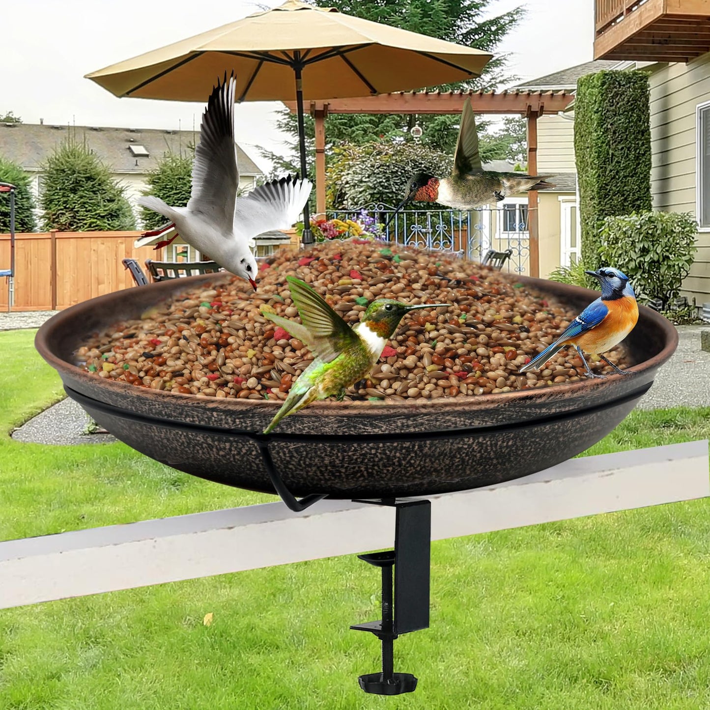OUISJYER Deck Mounted Bird Bath, Easy to Clean12 Detachable Bath Bowl, Metal Birdbath for Outside with Sturdy Adjustable Clamp for Railing Balcony Fence Outdoor Decor 0.7 Gallon