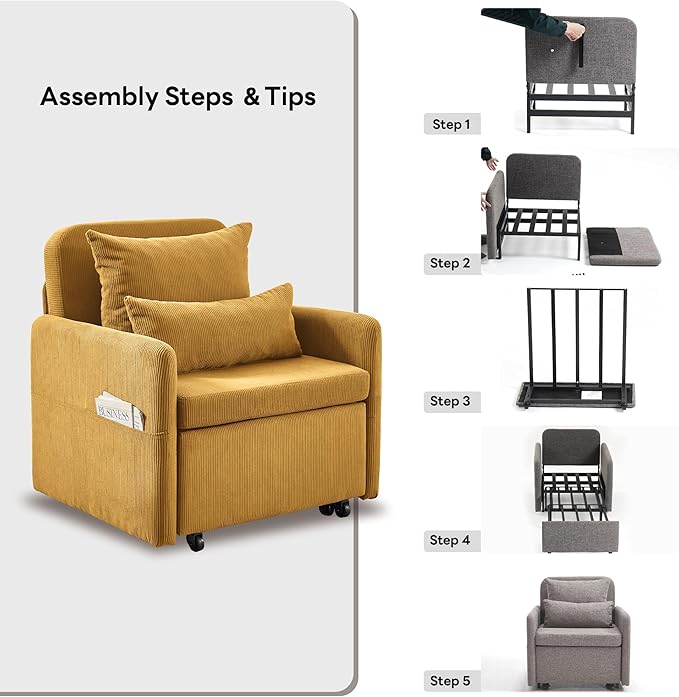 Iroomy 5-Level Adjustable Convertible Sleeper Chair, 3-in-1 Corduroy Pull Out