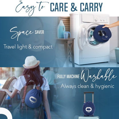 BCOZZY Travel Neck Pillow for Airplane – Patented Double Support for Head, Neck, and Chin. Best for Long Flights, Plane Sleeping, and Car Rides. Adjustable Size. Fully Washable. Carry Bag. Large, Navy