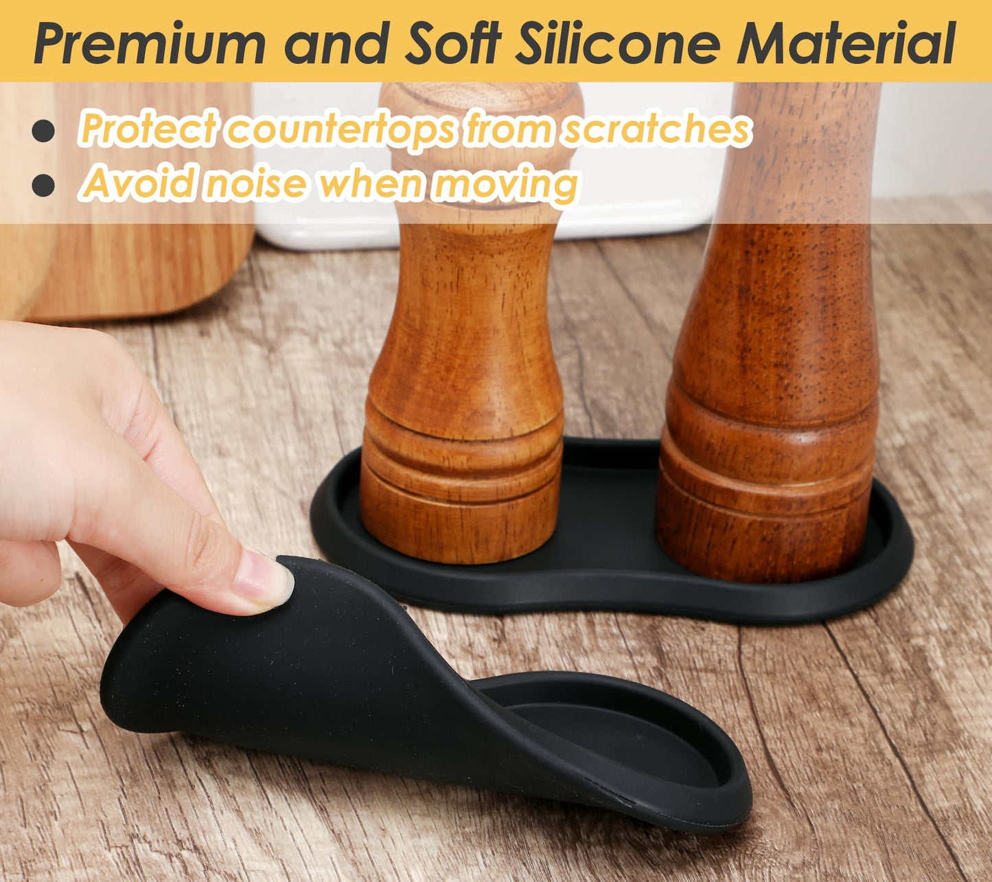 Koluti Salt and Pepper Mill Silicone Tray Set of 2, Kitchen Pepper Grinder Rest Seasoning Bottle Holder for Counter, Dining Table Protector and Rustic Small Board Decorative Serving Platter, Black