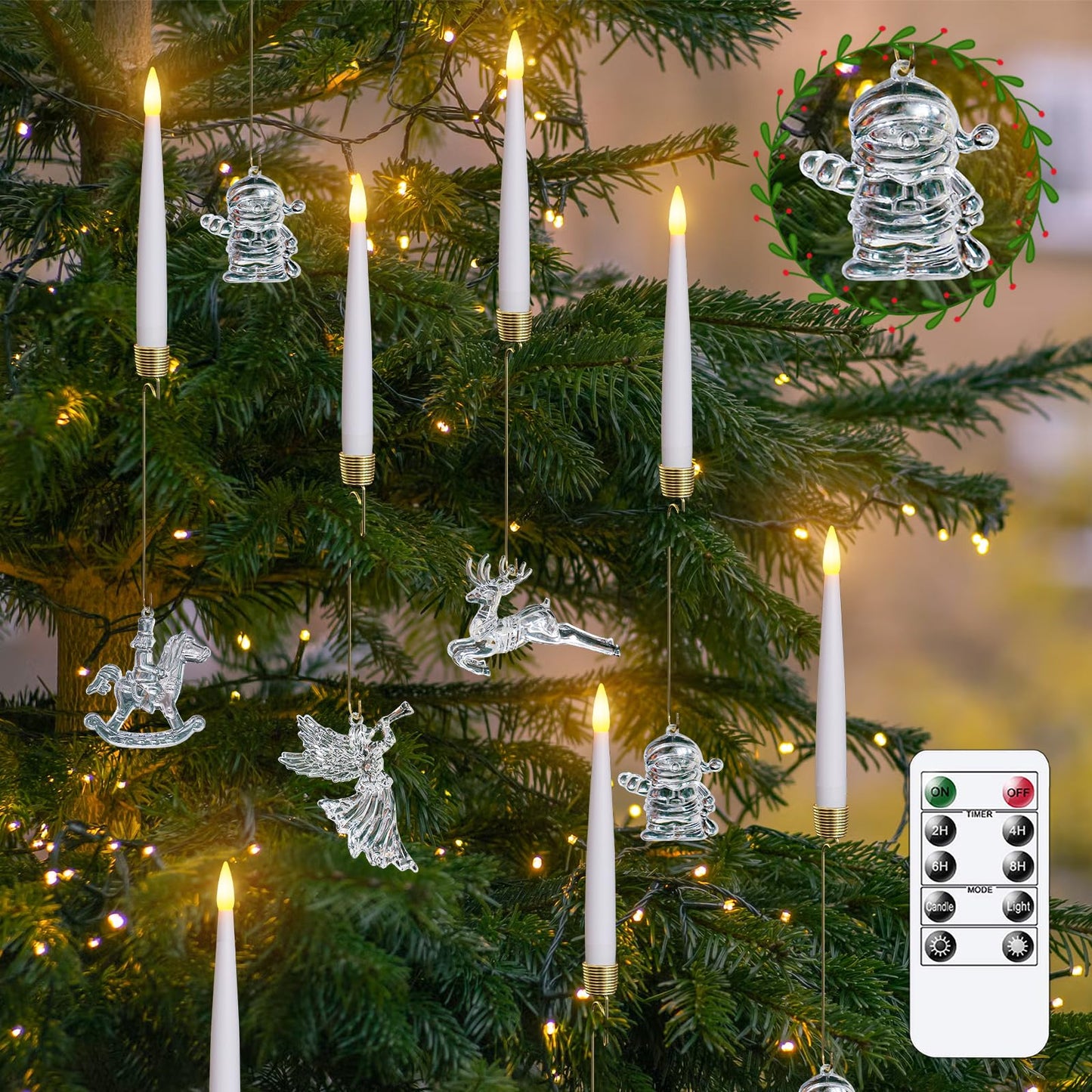 Mavandes LED Taper Candles with Snowman, Reindeer, Fairy Hooks, Remote Timer White 12pcs Plastic Flameless Candlesticks Flickering Battery Operated Warm Light for Home Decor (0.5" x 6")
