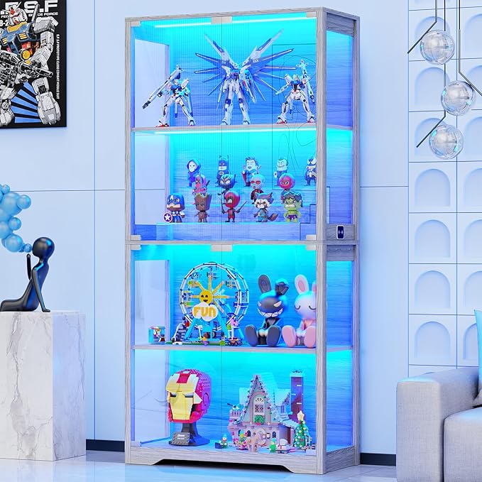 BROTTAR Display Cabinet with Glass Doors, 4-Tier Curio Cabinet with 3 Color