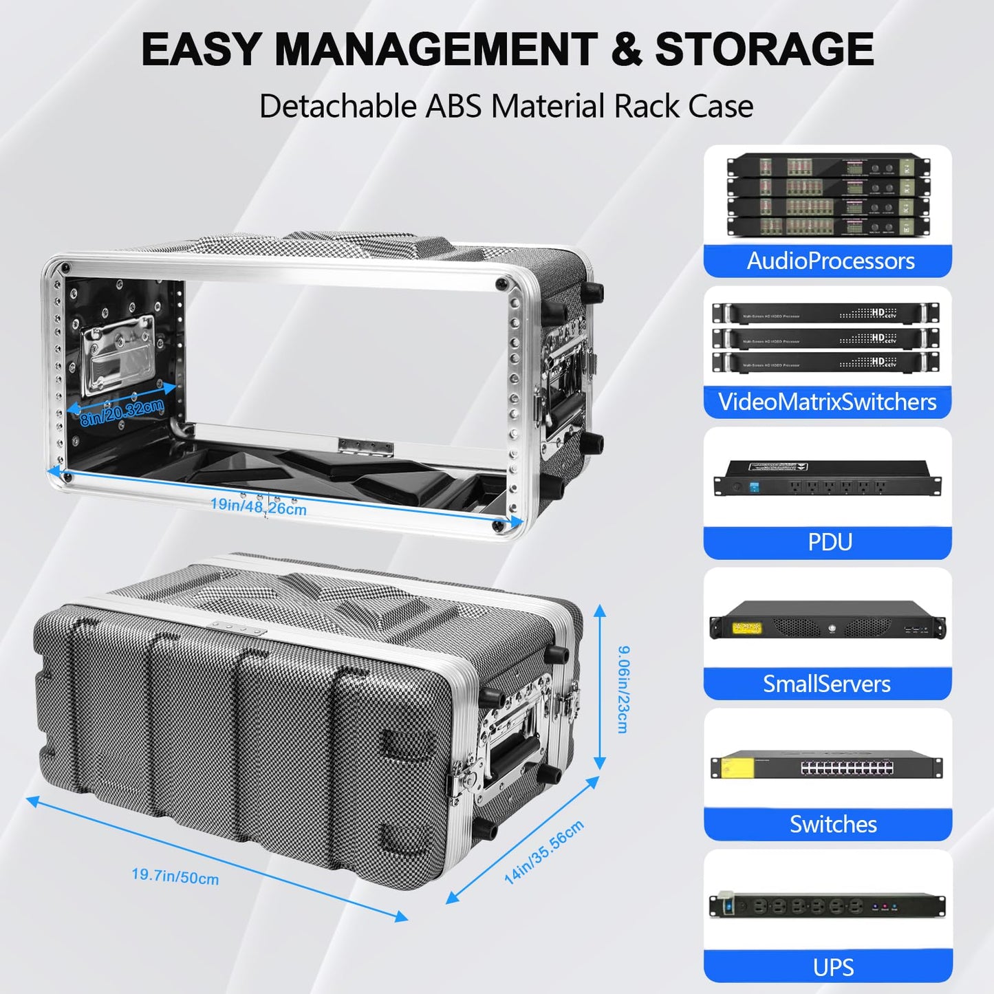 4U ABS Rack Case Shallow 8" Depth, 19" Rackmount Flight Road Travel Case, Waterproof Protective Hard Case with Customized Foam, Wireless Mic System Storage/Amp/Effect/DJ Mixer