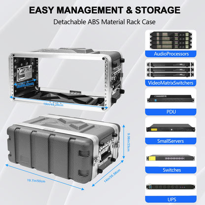 4U ABS Rack Case Shallow 8" Depth, 19" Rackmount Flight Road Travel Case, Waterproof Protective Hard Case with Customized Foam, Wireless Mic System Storage/Amp/Effect/DJ Mixer