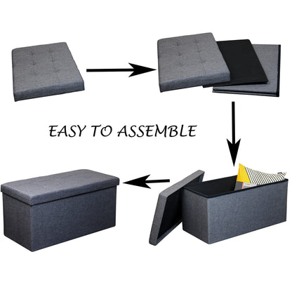 HomeHarmony Folding Storage Ottoman Seat, Stool, Toy Storage Box Linen Look (Grey Large)
