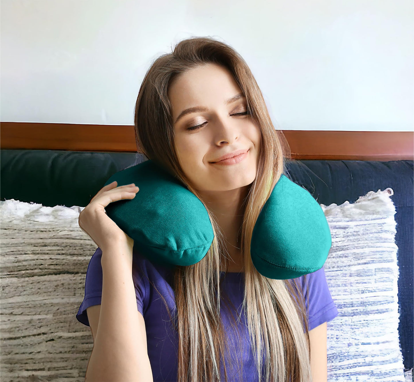Memory Foam Moulded Pressure Relief Neck Cushion Comfort and Posture, Ideal for Travel Supports the Head, Neck and Chin when Sleeping use for Plane, Train or Car Journeys Travel Pillow In Teal