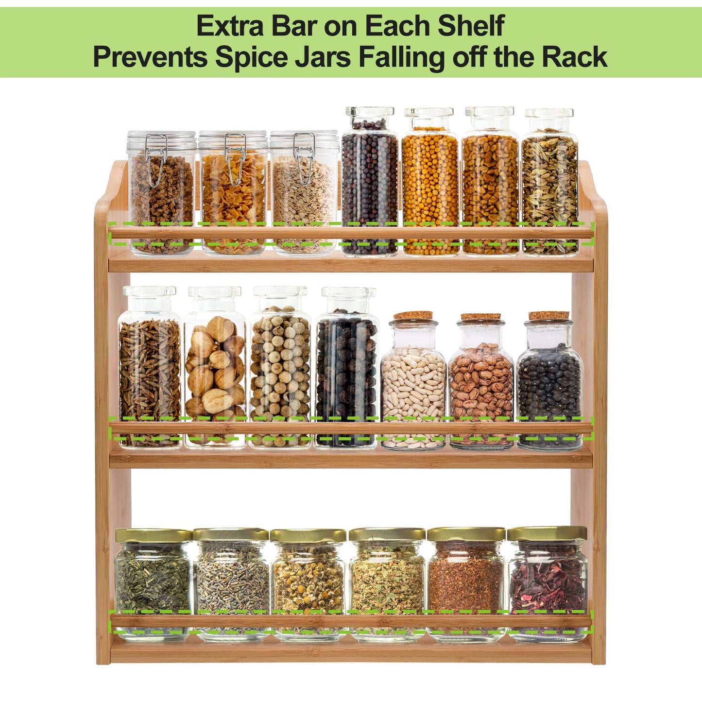 FoverOne 3 Tier Bamboo Spice Rack, Seasoning Jars Rack Shelf Spice Organizer for Kitchen Counter or Wall Mounting