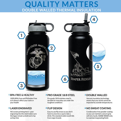 32oz USMC Stainless Steel Marine Corps Water Bottle - Double Wall Vacuum Insulated