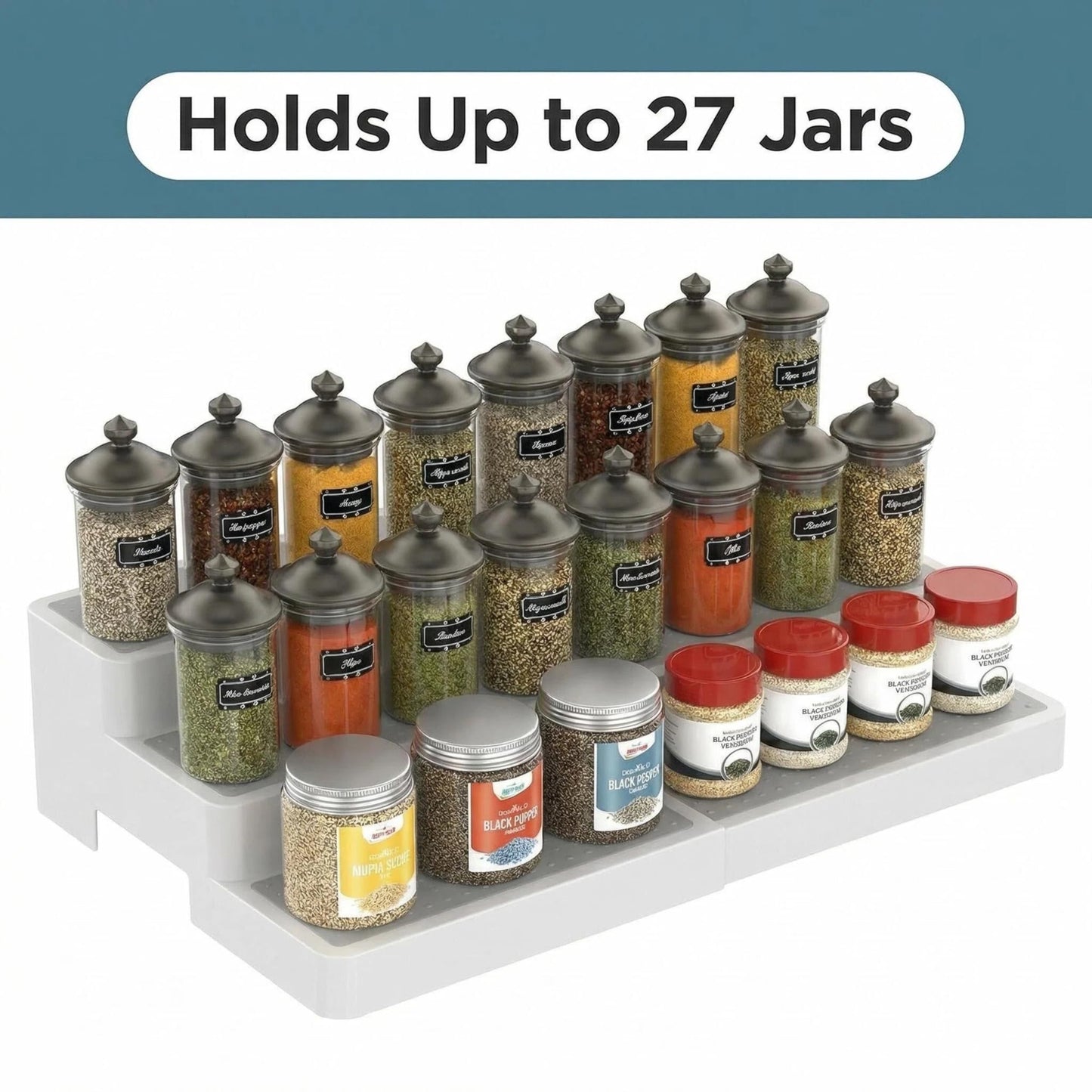 YAN & HIN Expandable Spice Rack Organizer for Cabinet (2 Pack), 3-Tier Tiered Spice Shelf Organizer with Non-Skid Surface, Spice Riser, Adjustable Pantry Organizer for Spices, Cans & Medicine Cabinet