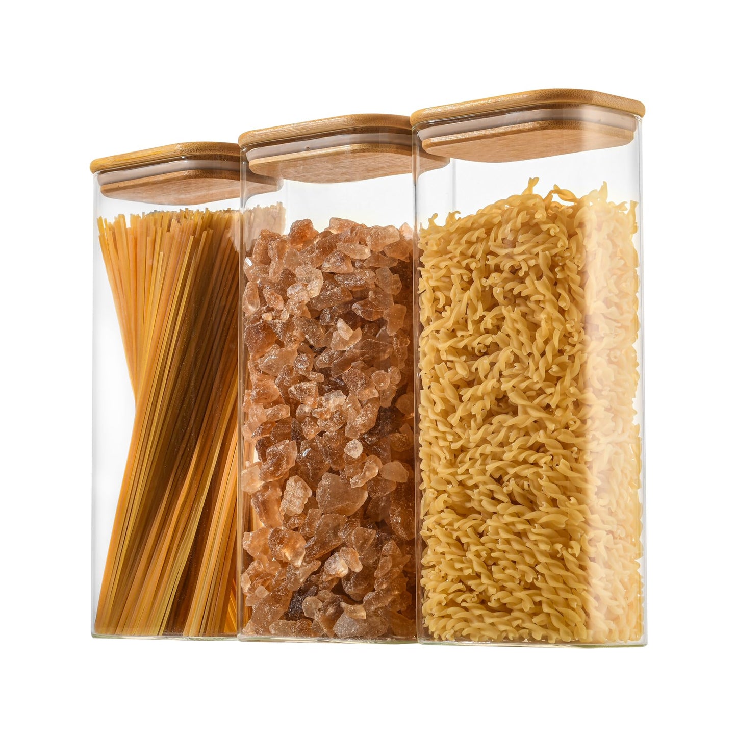 D2scrma 71oz Rectangle Airtight Glass Storage Containers with Bamboo Lids (Set of 3), Square Food Storage Jar, Pantry Organizers for Sugar, Flour, Spaghetti and Coffee beans (‎with Black Lable)