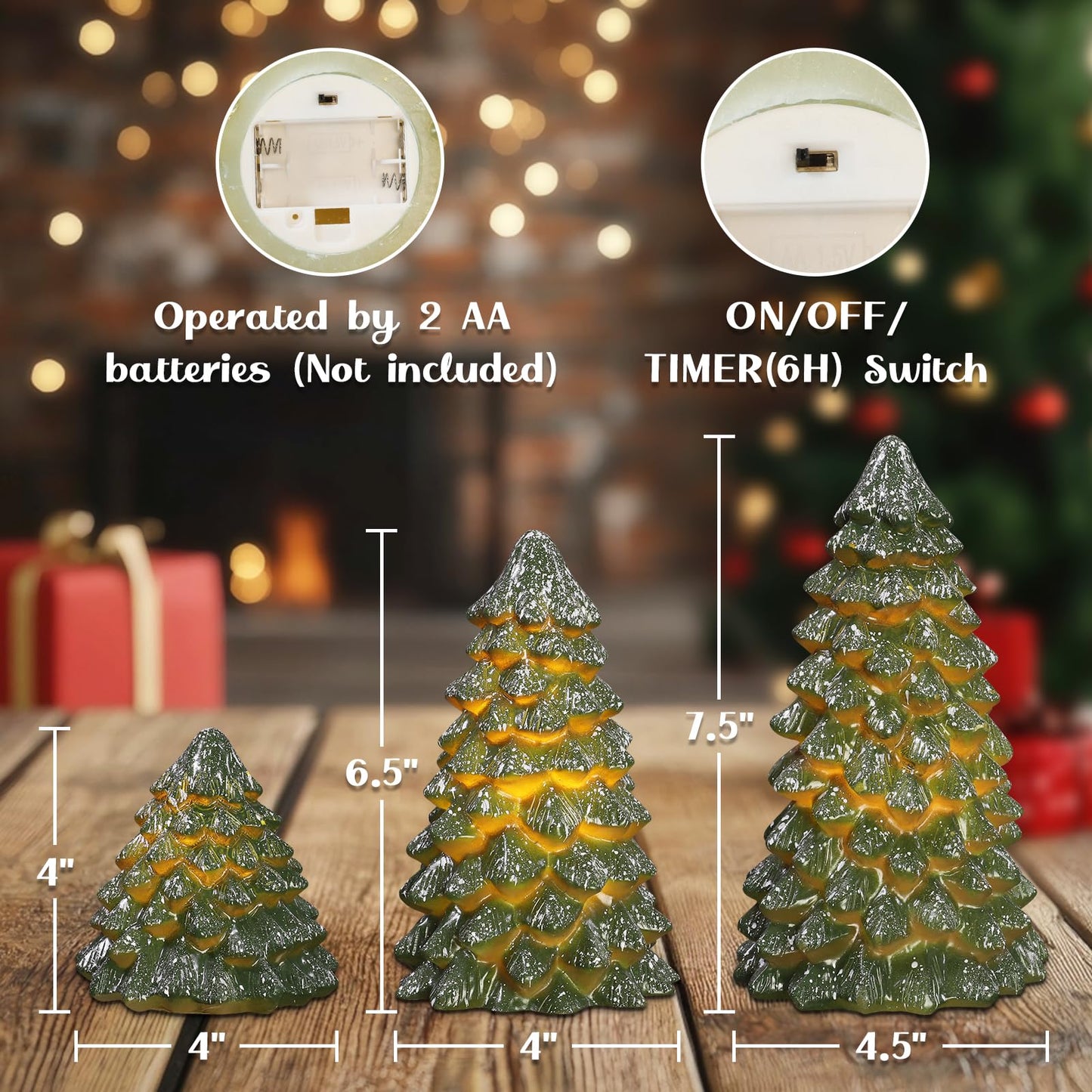 Green Christmas Tree Figurines Hand-Painted Tabletop Tree Flameless Candles Real Wax Flickering LED Battery Operated with Remote Lighted Christmas Tree Decoration for Shelf Fireplace Mantel Holiday