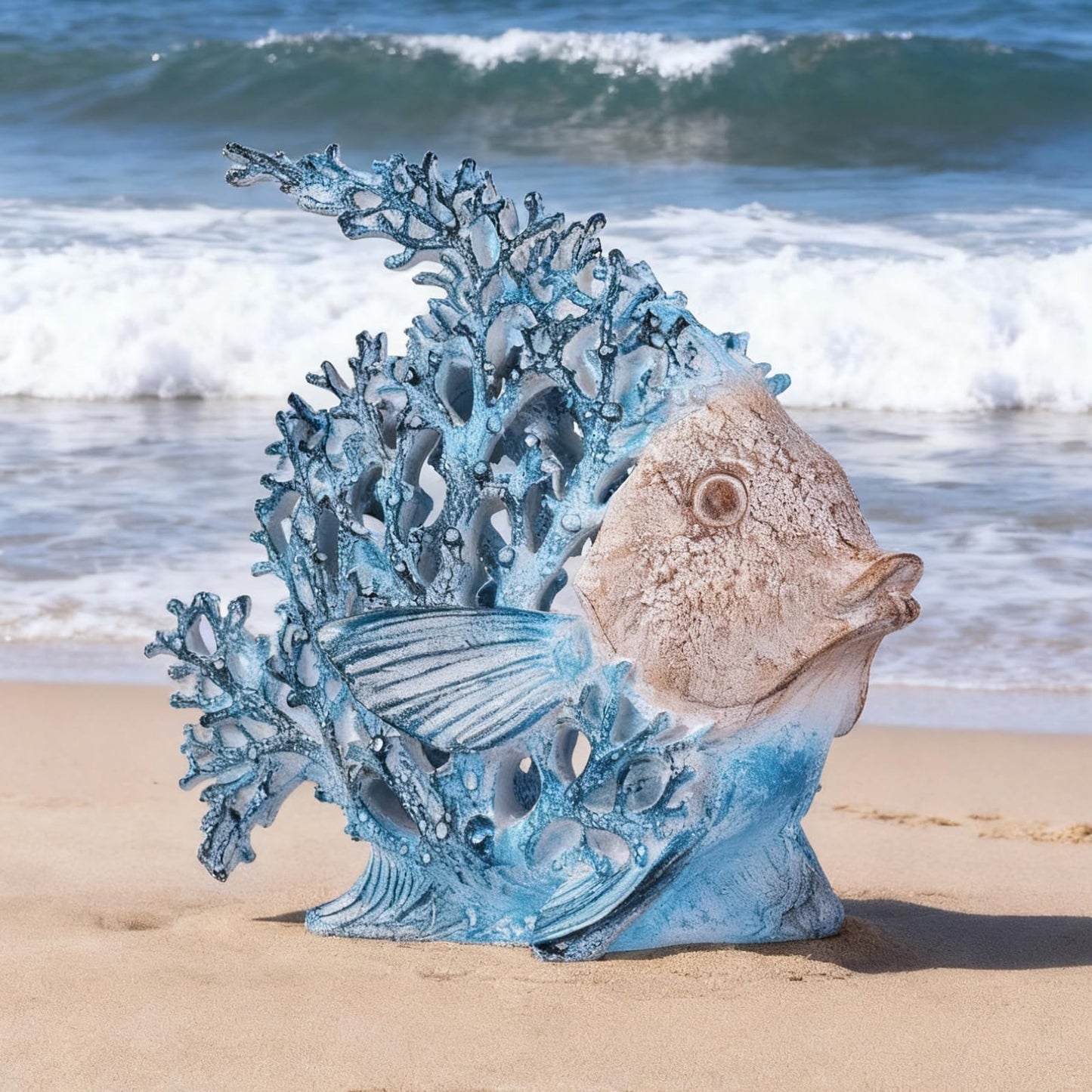 UANYEMON 7.28'' Ocean Coral Fish Sculpture – Resin Coastal Fish Figurine with Coral Backdrop, Ocean Blue & Sandy Beige Finish – Nautical Tabletop Accent for Living Room, Beach House & Bathroom Decor