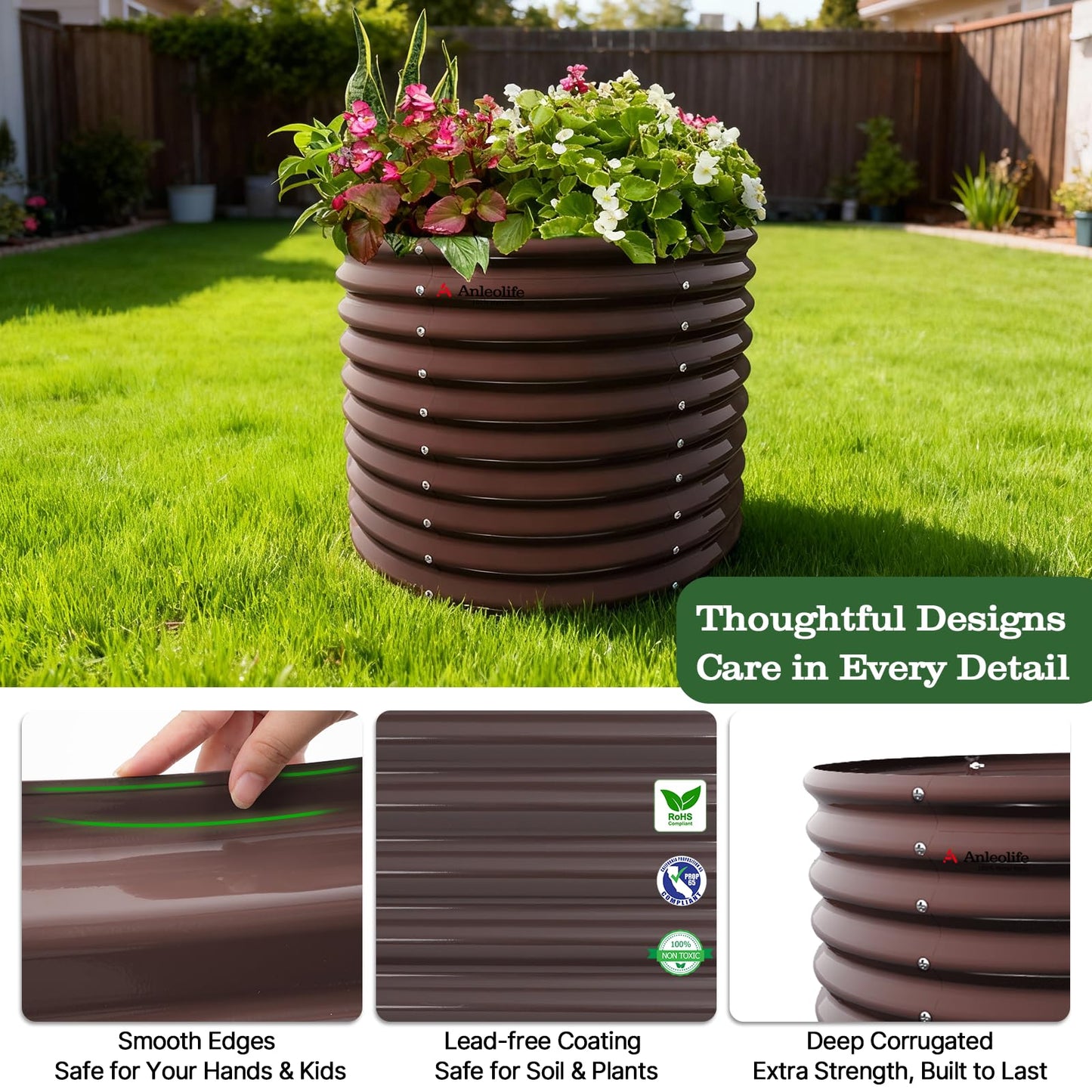 A ANLEOLIFE 30" Extra Tall Galvanized Raised Garden Beds Outdoor, 3x2.5ft Round Metal Planter Boxes for Planting Vegetables, Flowers, Fruits, Eco-Safe & Easy Setup, CaféBronze