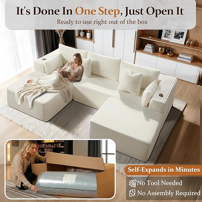 108" Cloud Sectional Couch, Comfort U Shaped Boneless Couch
