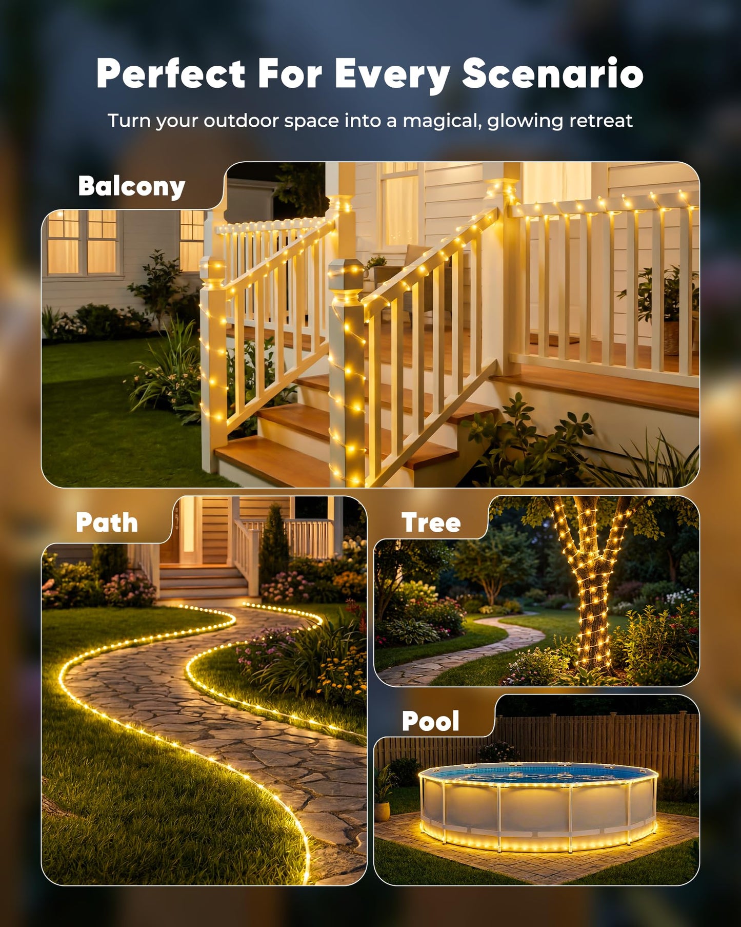 Brightown Solar Rope Lights, 39FT 100LED Outdoor Solar String Lights, IP65 Waterproof Solar Powered Fairy Lights with 8 Lighting Modes for Party Garden Patio Pool Backyard Tree Decoration, Warm White