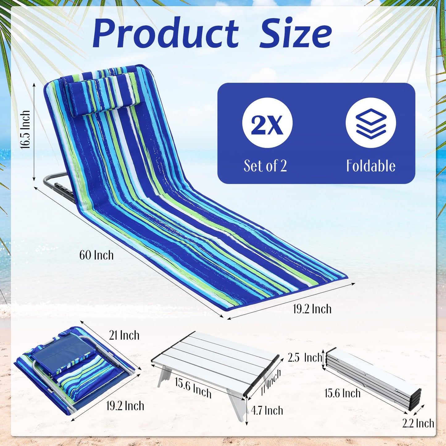 Beeveer 4 Pcs Beach Lounge Chair for Adult with 2 Pack Folding Tables Portable Adjustable Lightweight Reclining Lounge Beach Chair for Lawn Patio Sunbathing Tanning Picnic BBQ Camping