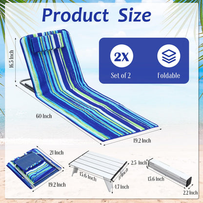 Beeveer 4 Pcs Beach Lounge Chair for Adult with 2 Pack Folding Tables Portable Adjustable Lightweight Reclining Lounge Beach Chair for Lawn Patio Sunbathing Tanning Picnic BBQ Camping