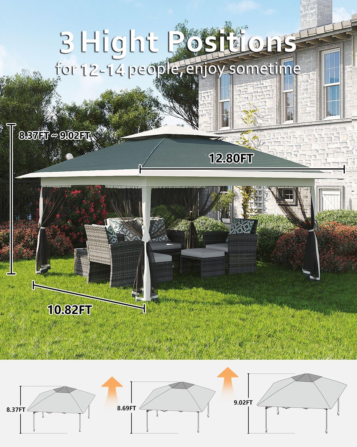 Garveelife Canopy Tent 13x13, Pop Up Gazebo Tent Easy Setup with 4 Sand Bags for Backyard Garden Patio, Mosquito Netting & Height Adjustable - Green