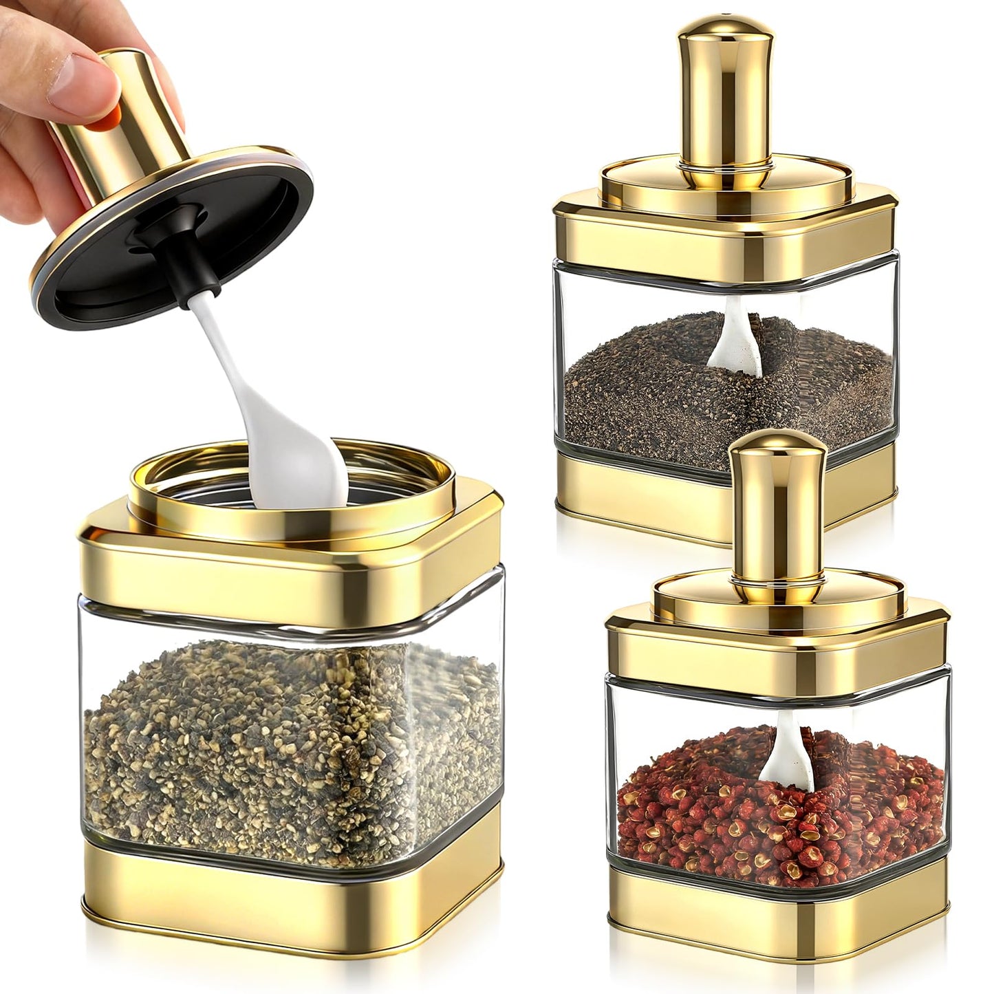 LemonRoad 3 Pack Glass Condiment Pot, 12 Ounce Gold Spice Jars with Spoons and Lids, Seasoning Box Set Salt Container, Sugar Dispense, Kitchen Containers for Flour and Sugar