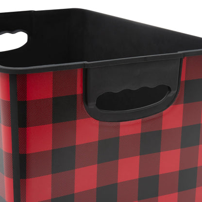 Simplify Checkered Design Storage Bin | Christmas Tote | Holiday Décor Decorations Organizer | Buffalo Plaid Design | Lidded | Stackable | Black and Red